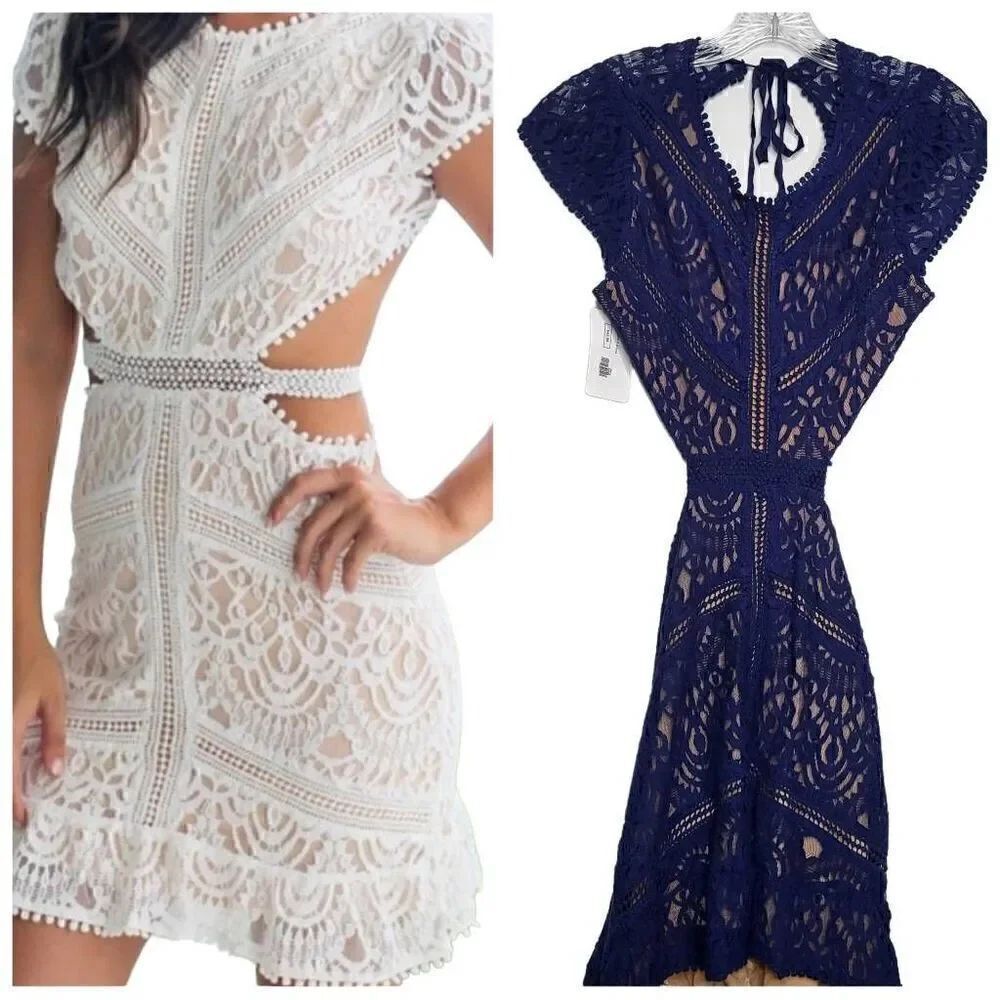 Signature 8 Blue Lace Crochet Cut Out Mini Dress Size Large